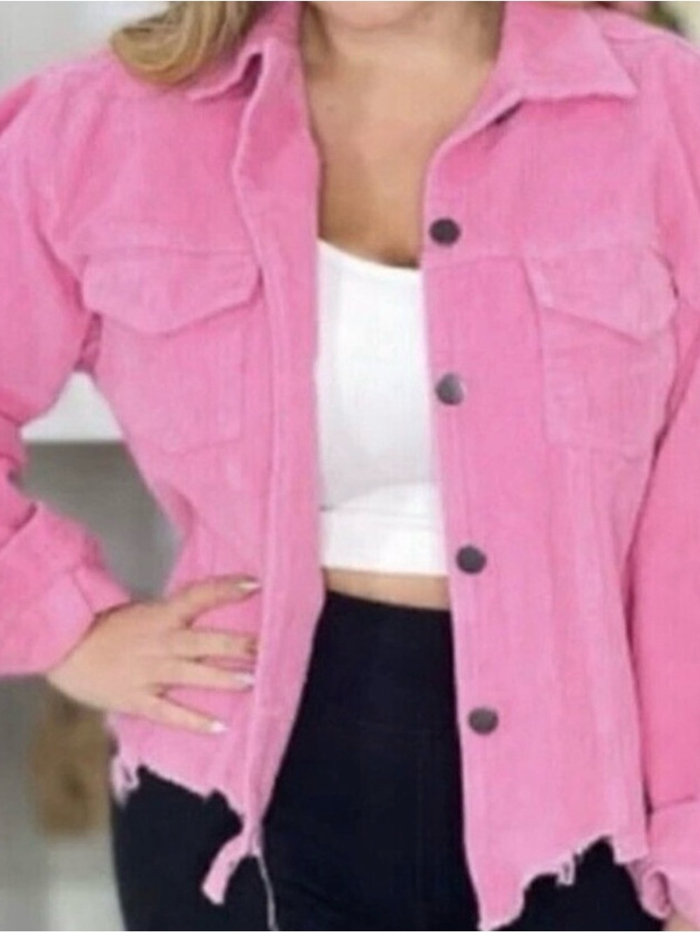 #846 POL Pretty in Pink Distressed Button-Up Cotton Corduroy Shirt Jacket